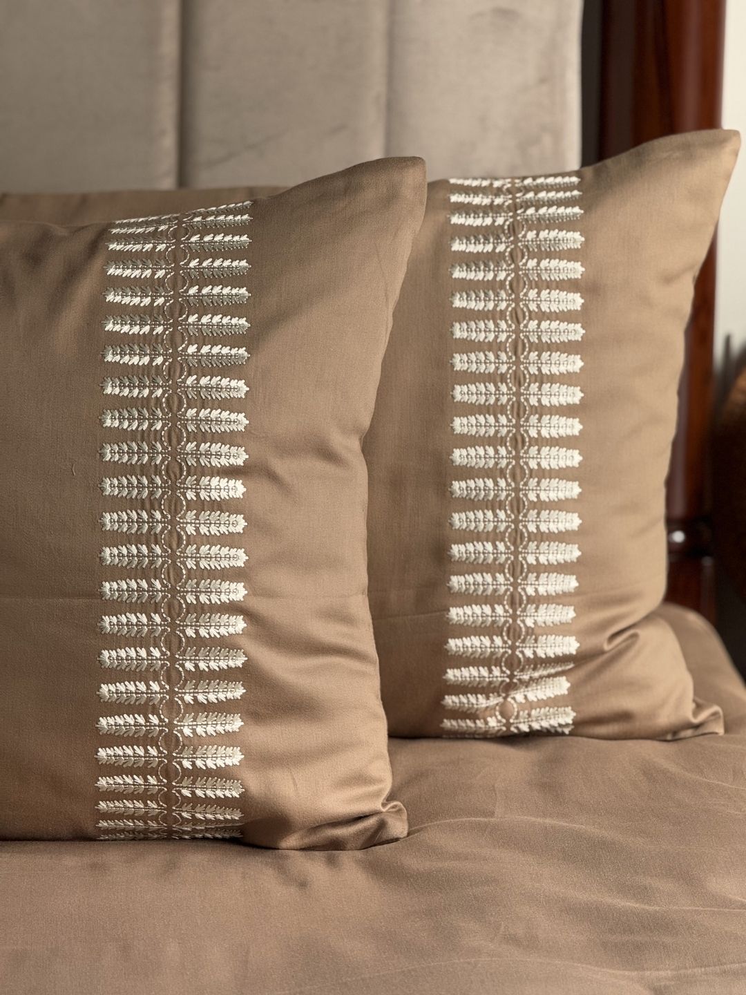 Elise Hazel Beige 300TC Cotton Bed Sheet with 2 Embroidered Pillow Covers