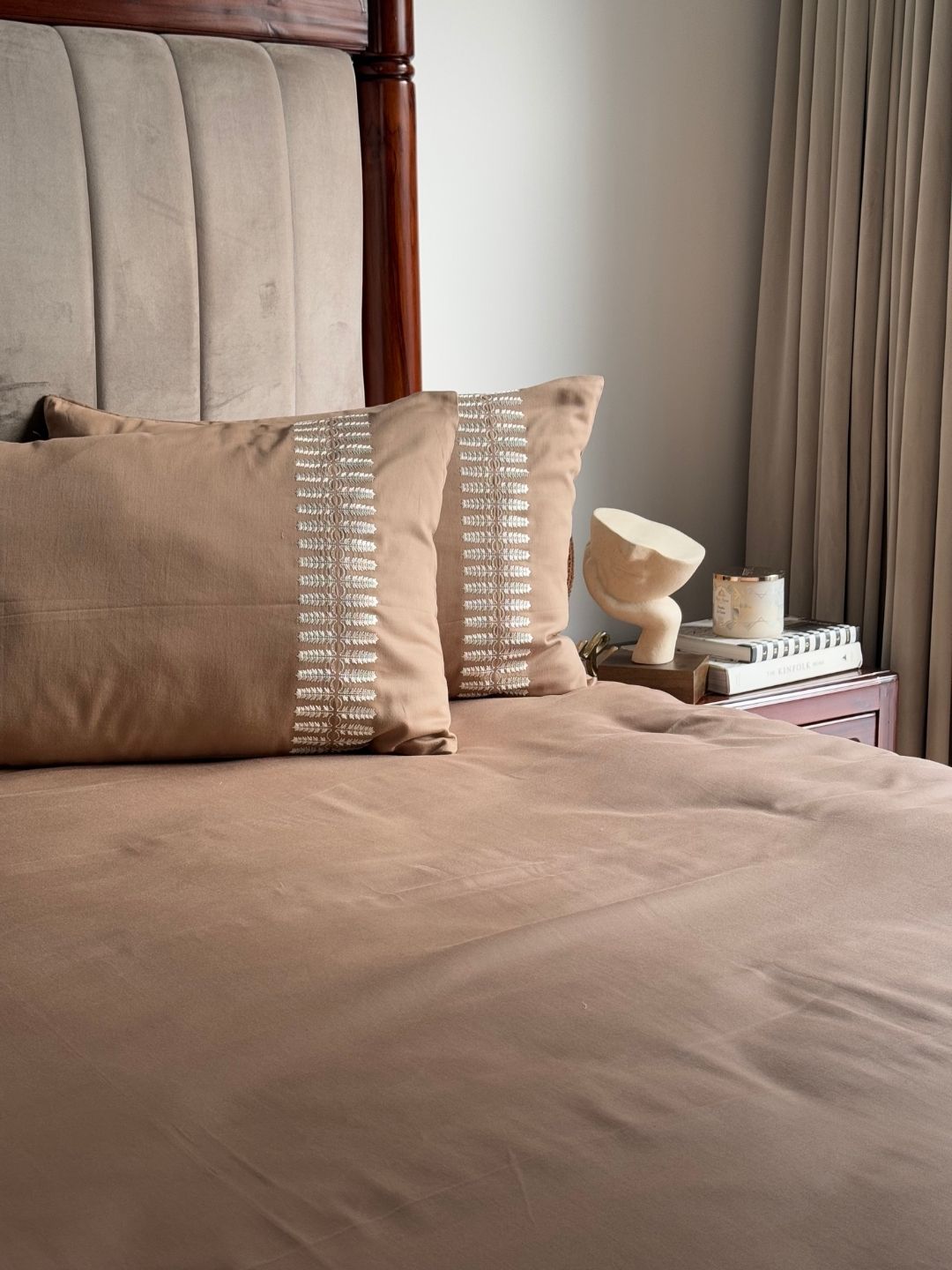 Elise Hazel Beige 300TC Cotton Bed Sheet with 2 Embroidered Pillow Covers