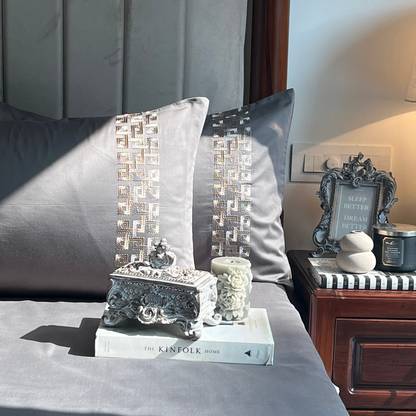 Evara Elephant Grey 300TC Cotton Bed Sheet with 2 Embroidered Pillow Covers