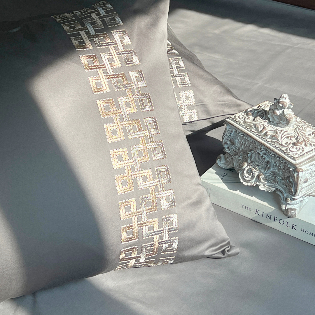 Evara Elephant Grey 300TC Cotton Bed Sheet with 2 Embroidered Pillow Covers