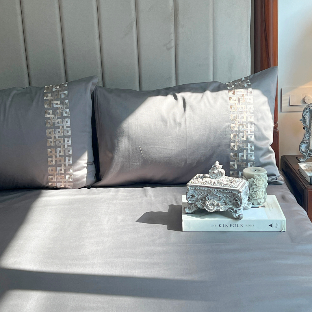 Evara Elephant Grey 300TC Cotton Bed Sheet with 2 Embroidered Pillow Covers