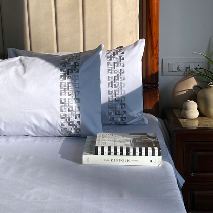 Evara Smoke Blue 300TC Cotton Bed Sheet with 2 Embroidered Pillow Covers