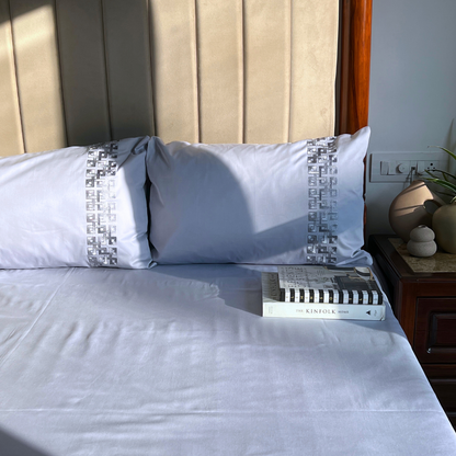 Evara Smoke Blue 300TC Cotton Bed Sheet with 2 Embroidered Pillow Covers
