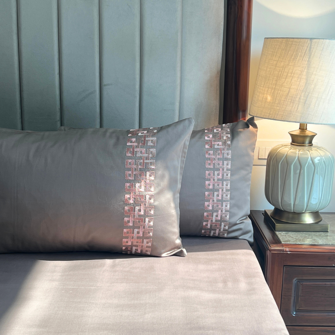 Evara Taupe 300TC Cotton Bed Sheet with 2 Embroidered Pillow Covers