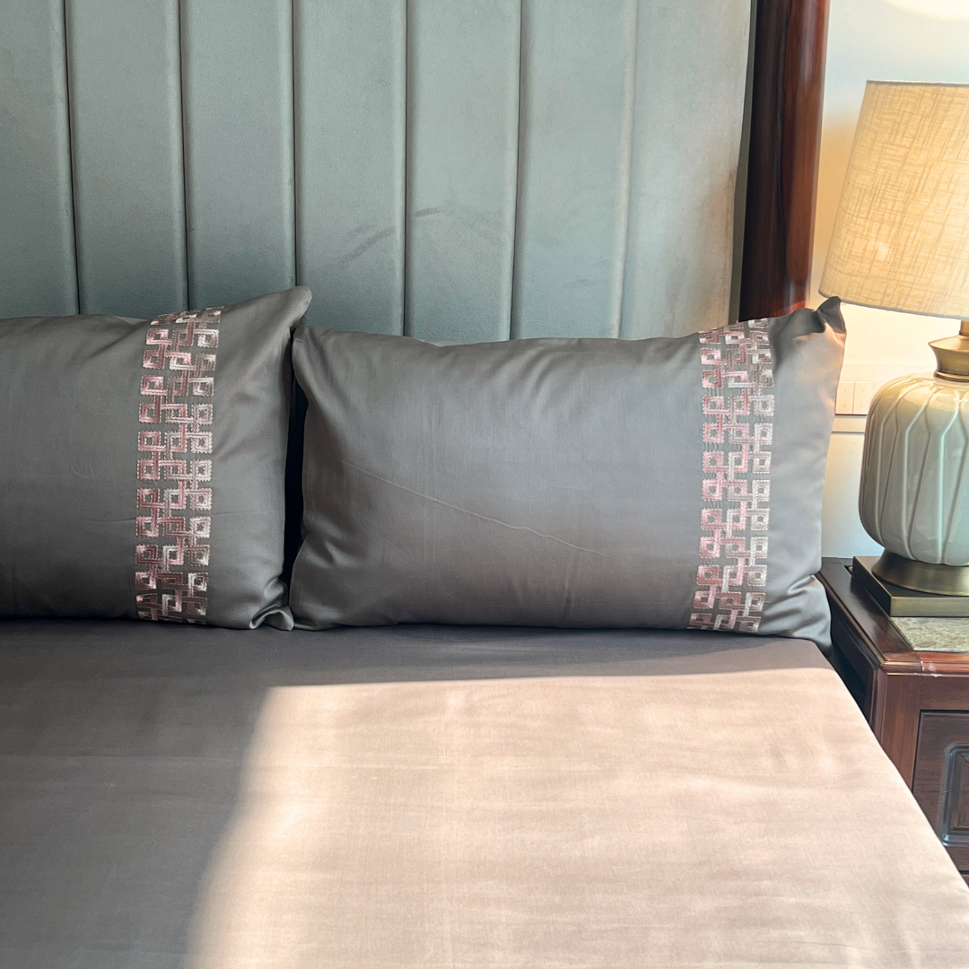 Evara Taupe 300TC Cotton Bed Sheet with 2 Embroidered Pillow Covers