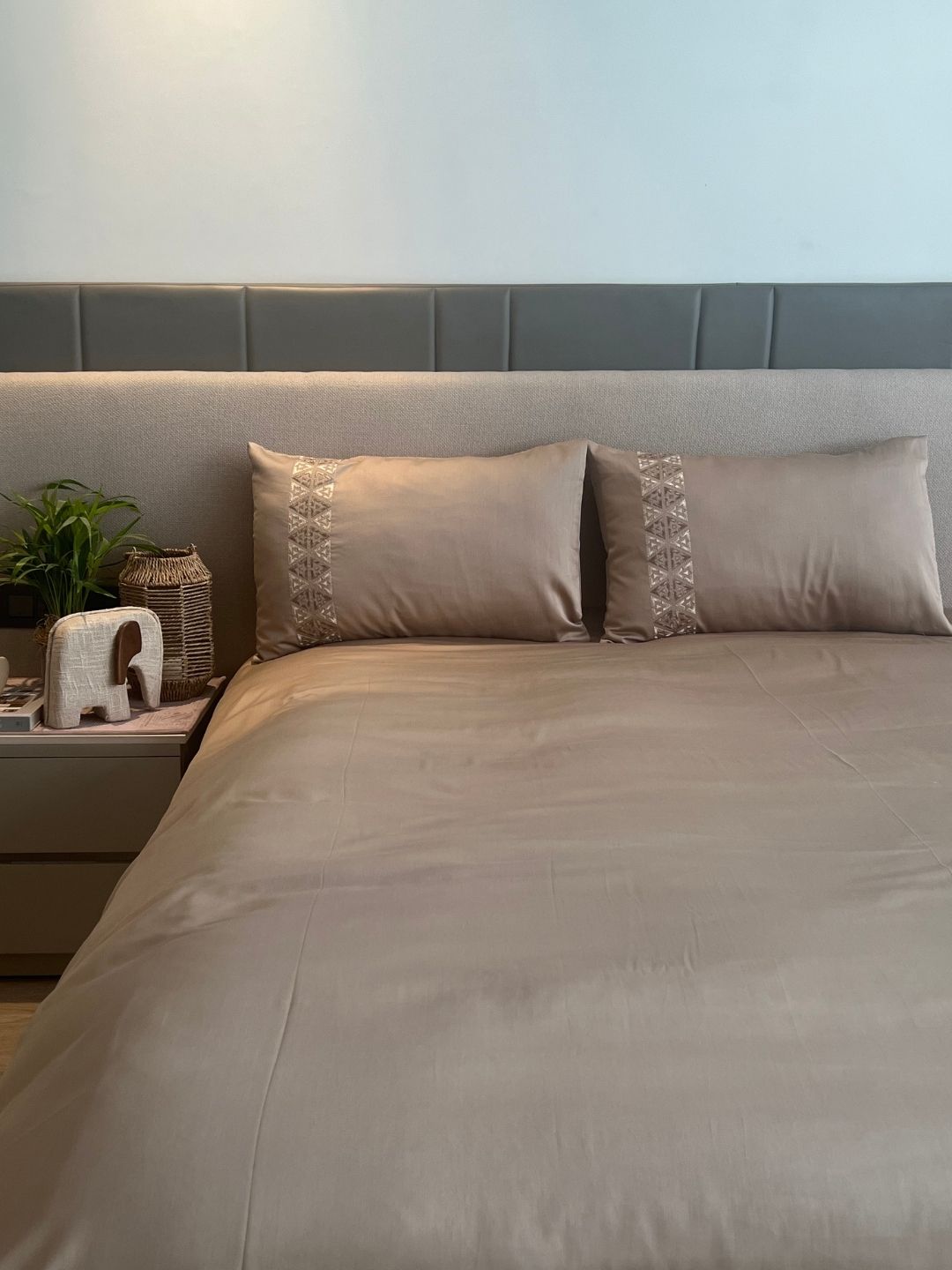 Faye Sand 300TC Cotton Bed Sheet with 2 Embroidered Pillow Covers