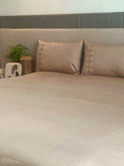 Faye Sand 300TC Cotton Bed Sheet with 2 Embroidered Pillow Covers