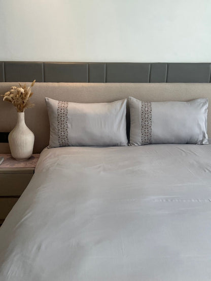 Faye Sandstone Grey 300TC Cotton Bed Sheet with 2 Embroidered Pillow Covers