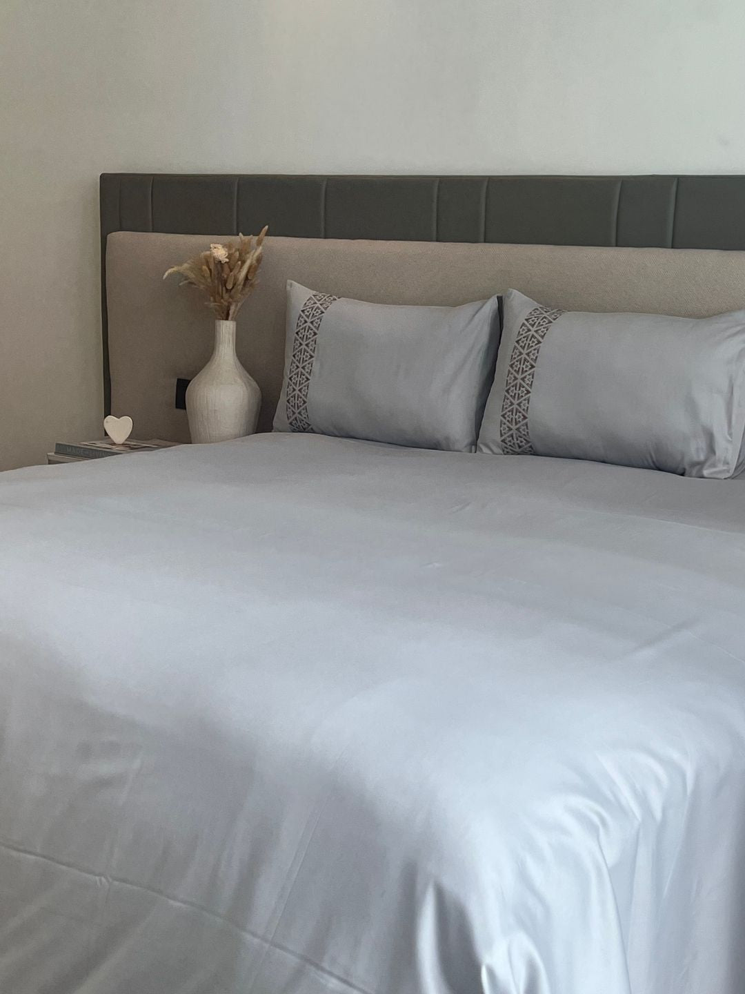 Faye Sandstone Grey 300TC Cotton Bed Sheet with 2 Embroidered Pillow Covers