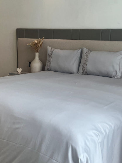 Faye Sandstone Grey 300TC Cotton Bed Sheet with 2 Embroidered Pillow Covers