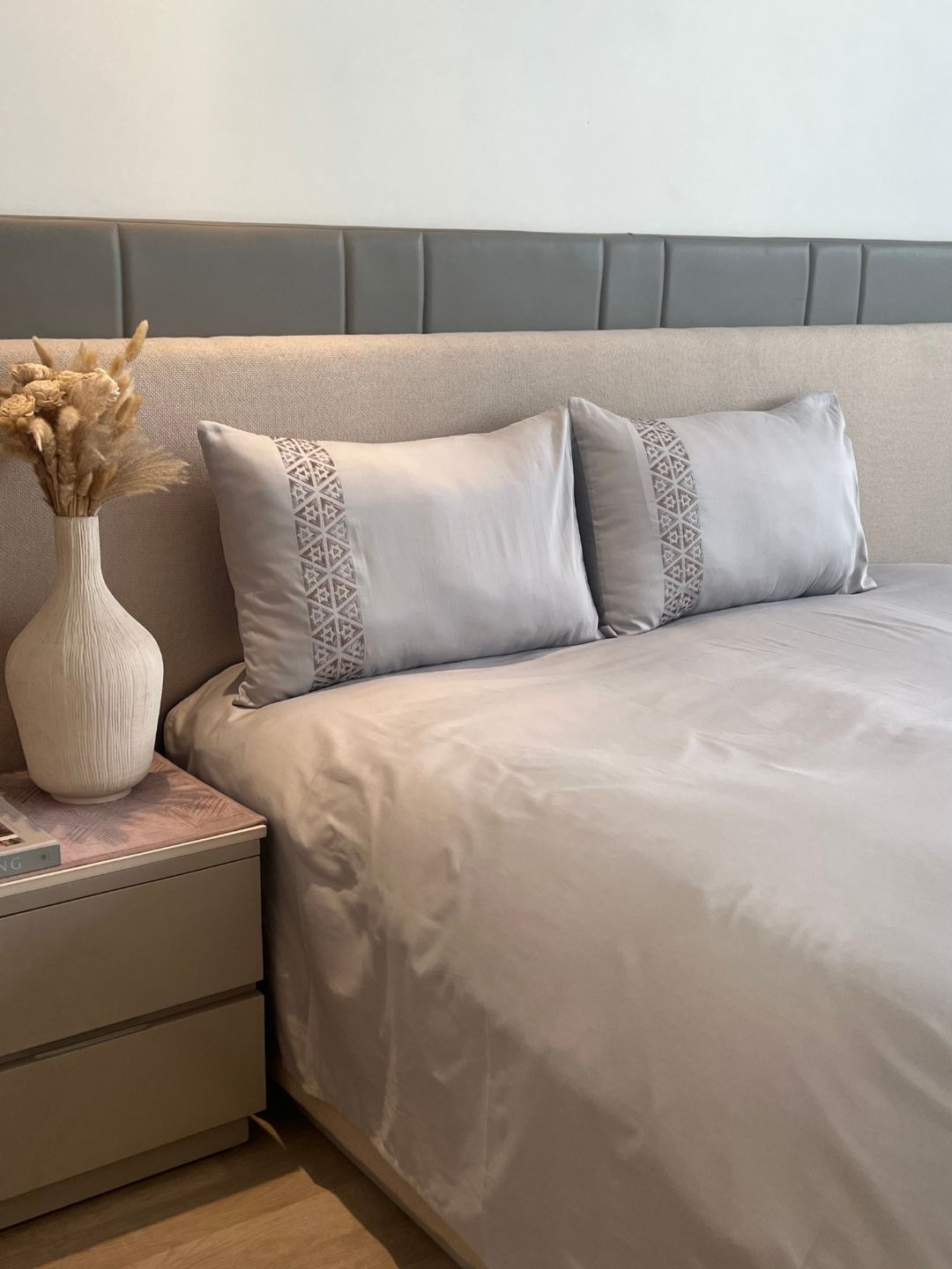 Faye Sandstone Grey 300TC Cotton Bed Sheet with 2 Embroidered Pillow Covers