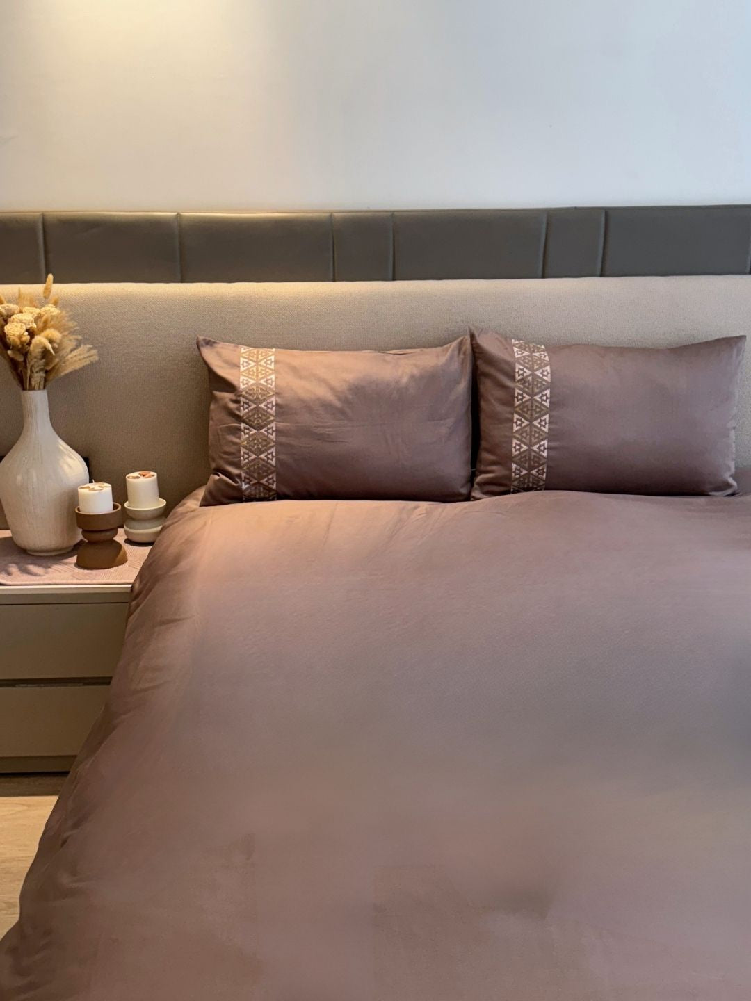 Faye Taupe 300TC Cotton Bed Sheet with 2 Embroidered Pillow Covers