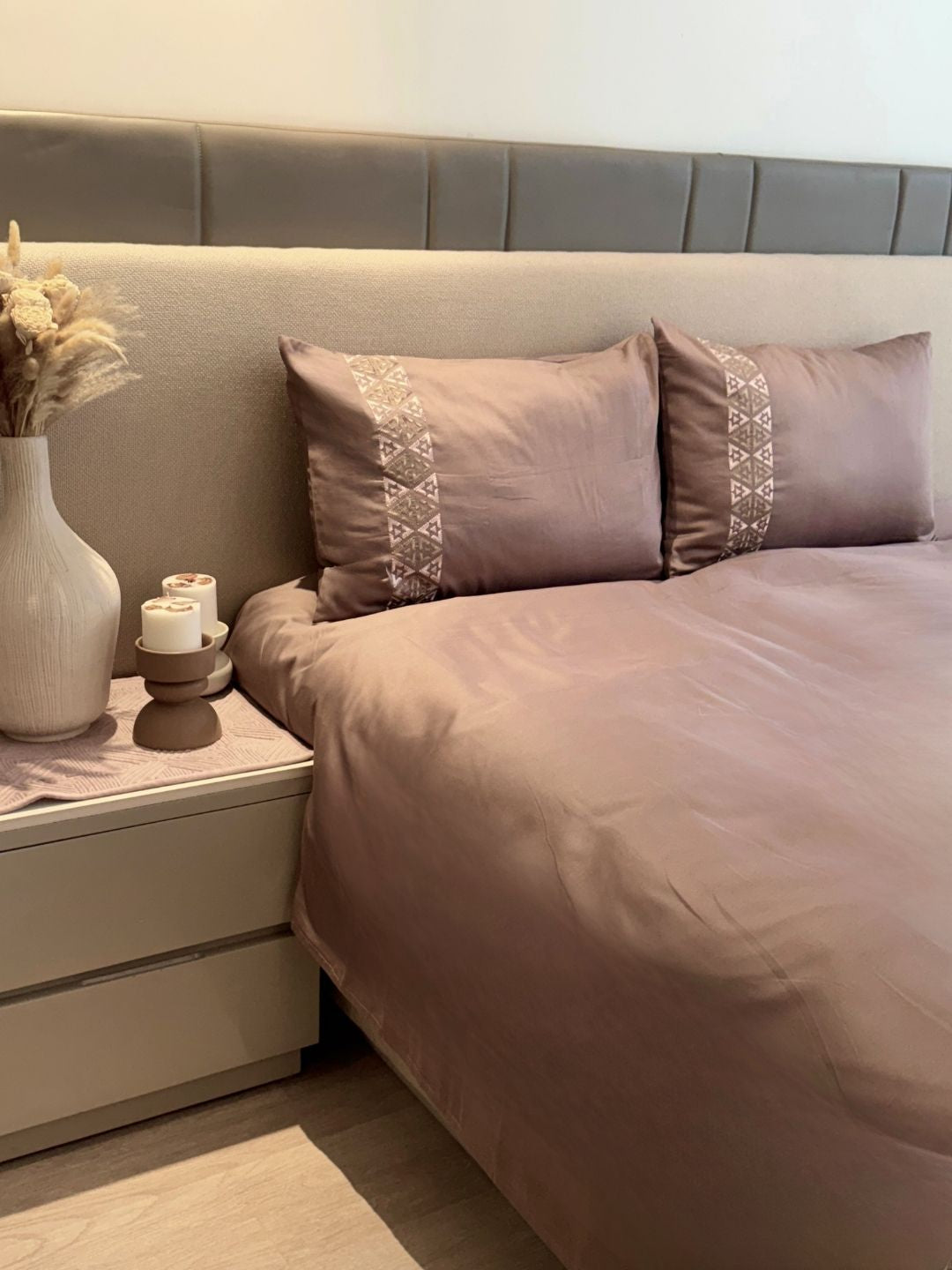 Faye Taupe 300TC Cotton Bed Sheet with 2 Embroidered Pillow Covers
