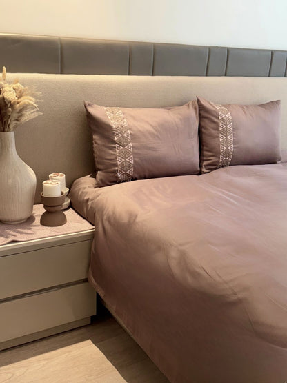 Faye Taupe 300TC Cotton Bed Sheet with 2 Embroidered Pillow Covers