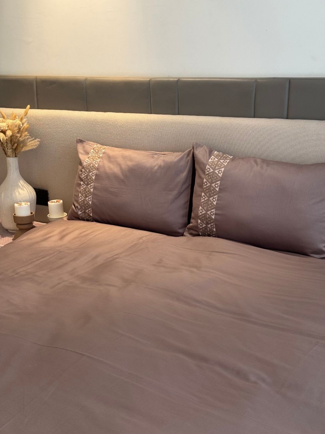 Faye Taupe 300TC Cotton Bed Sheet with 2 Embroidered Pillow Covers