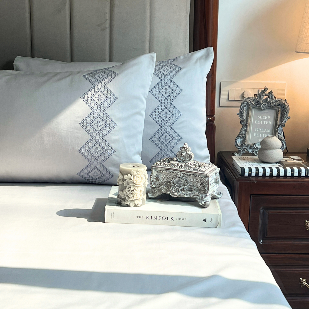 Iris Pearl Grey 300TC Cotton Bed Sheet with 2 Embroidered Pillow Covers
