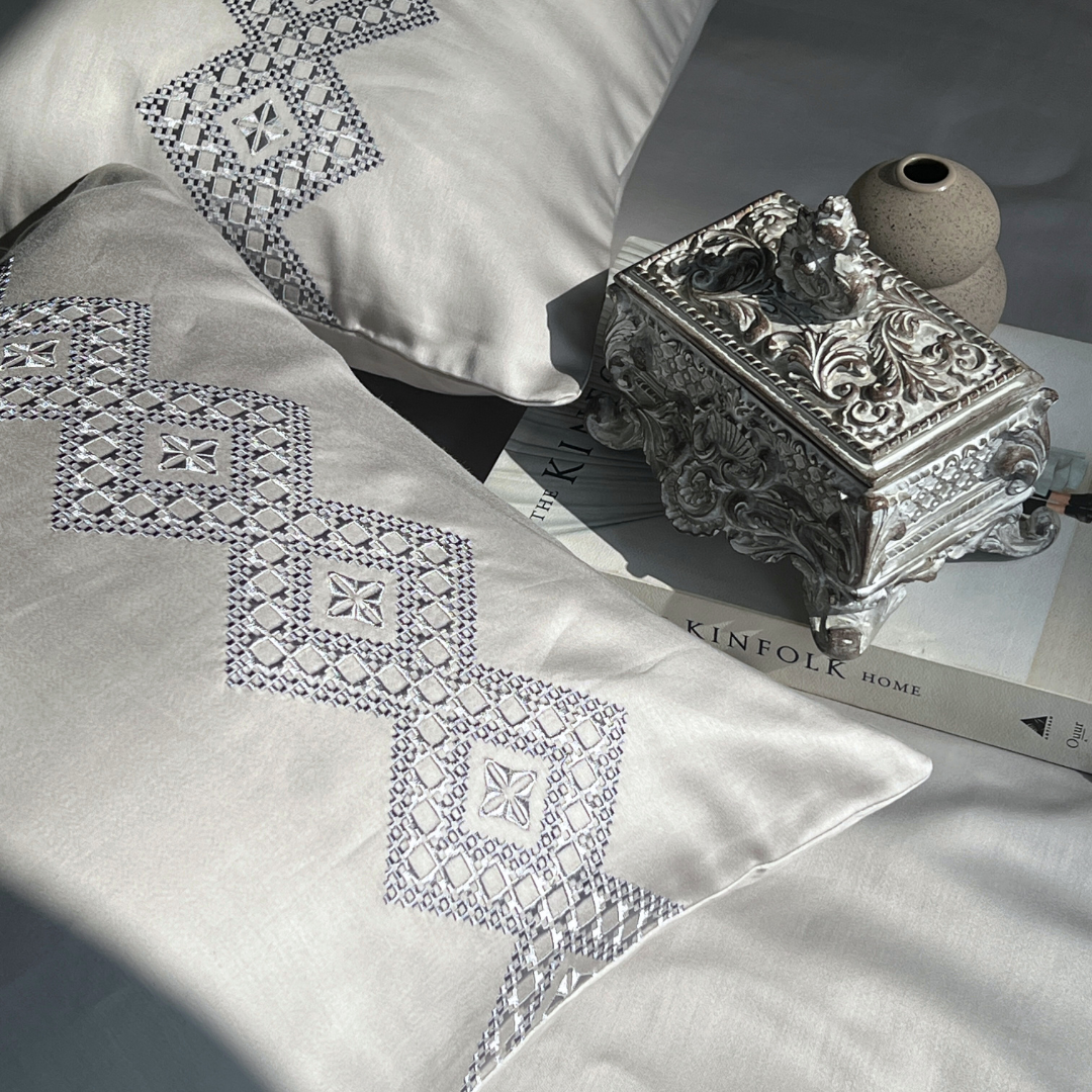 Iris Pearl Grey 300TC Cotton Bed Sheet with 2 Embroidered Pillow Covers