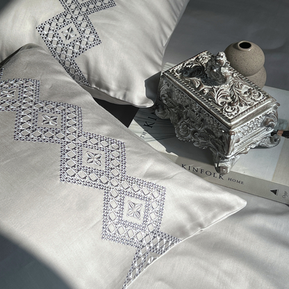Iris Pearl Grey 300TC Cotton Bed Sheet with 2 Embroidered Pillow Covers