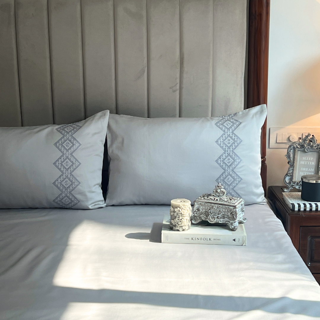 Iris Pearl Grey 300TC Cotton Bed Sheet with 2 Embroidered Pillow Covers
