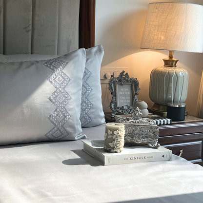 Iris Pearl Grey 300TC Cotton Bed Sheet with 2 Embroidered Pillow Covers