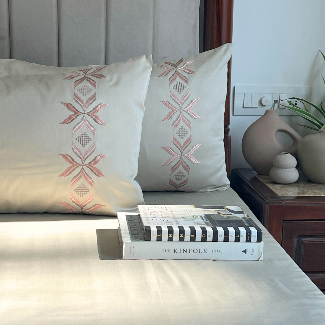 Nadine Beige 300TC Cotton Bed Sheet with 2 Embroidered Pillow Covers