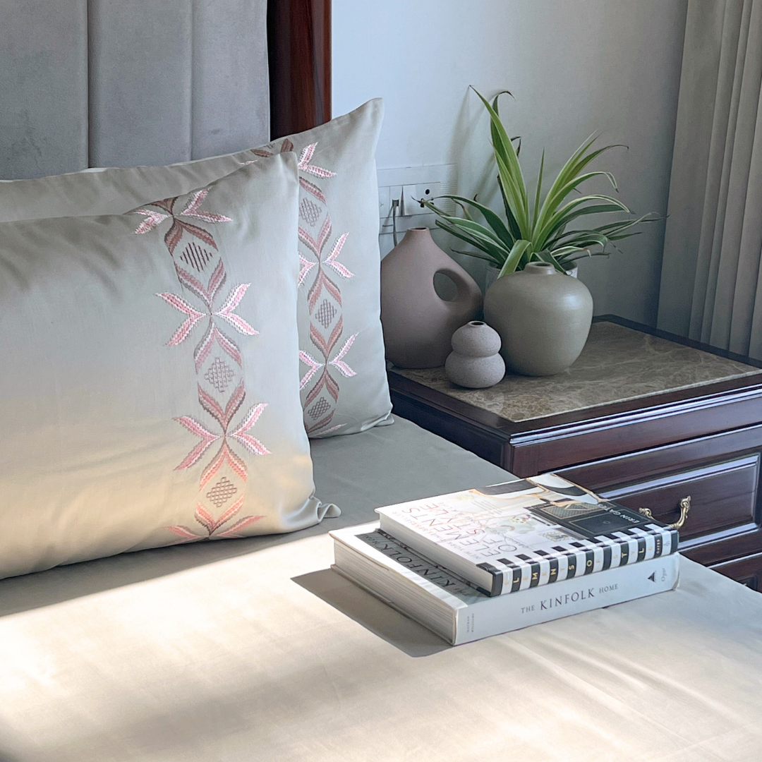 Nadine Beige 300TC Cotton Bed Sheet with 2 Embroidered Pillow Covers