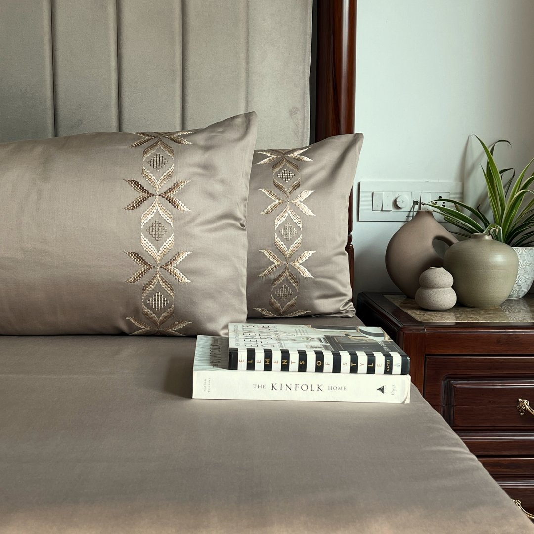 Nadine Mocha 300TC Cotton Bed Sheet with 2 Embroidered Pillow Covers