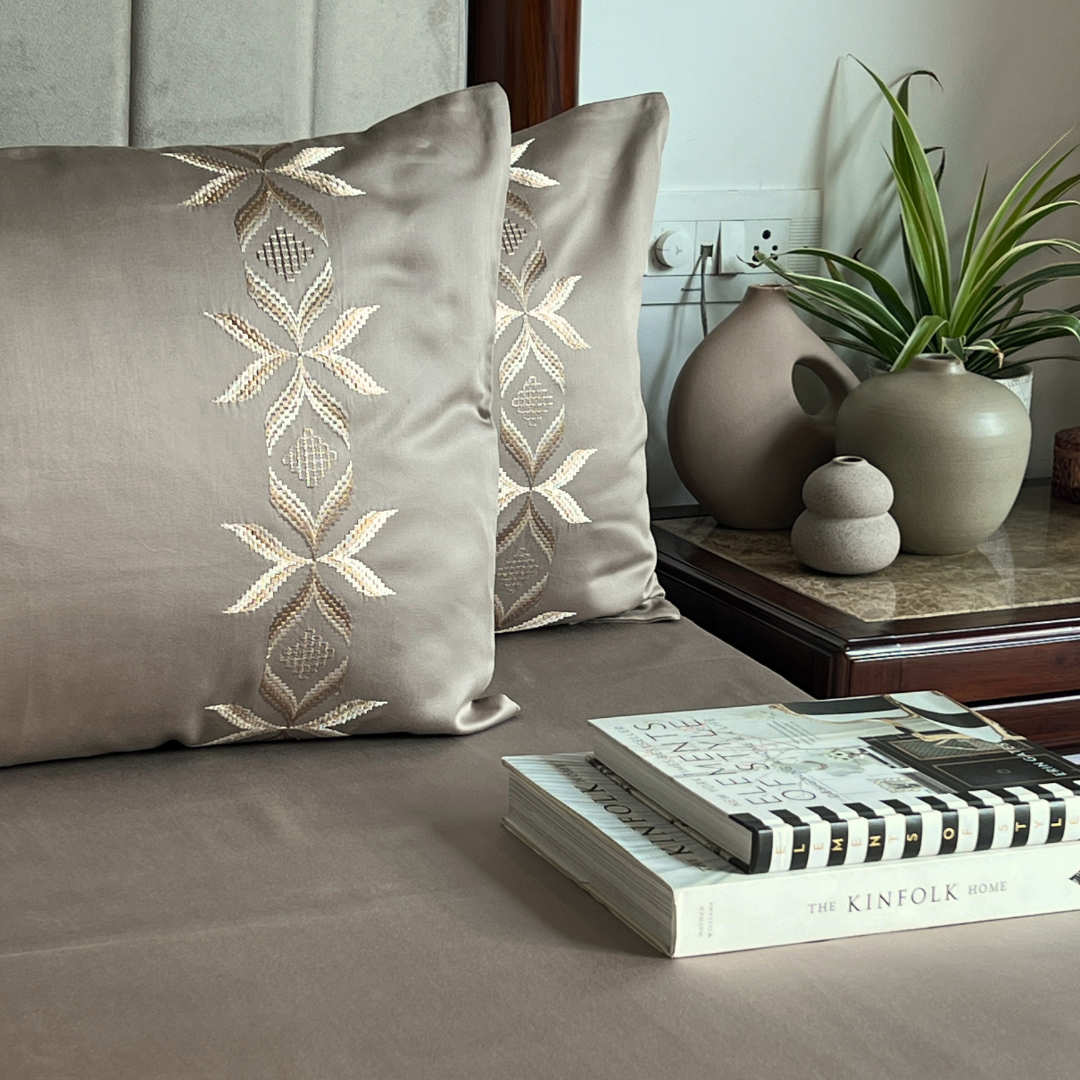 Nadine Mocha 300TC Cotton Bed Sheet with 2 Embroidered Pillow Covers