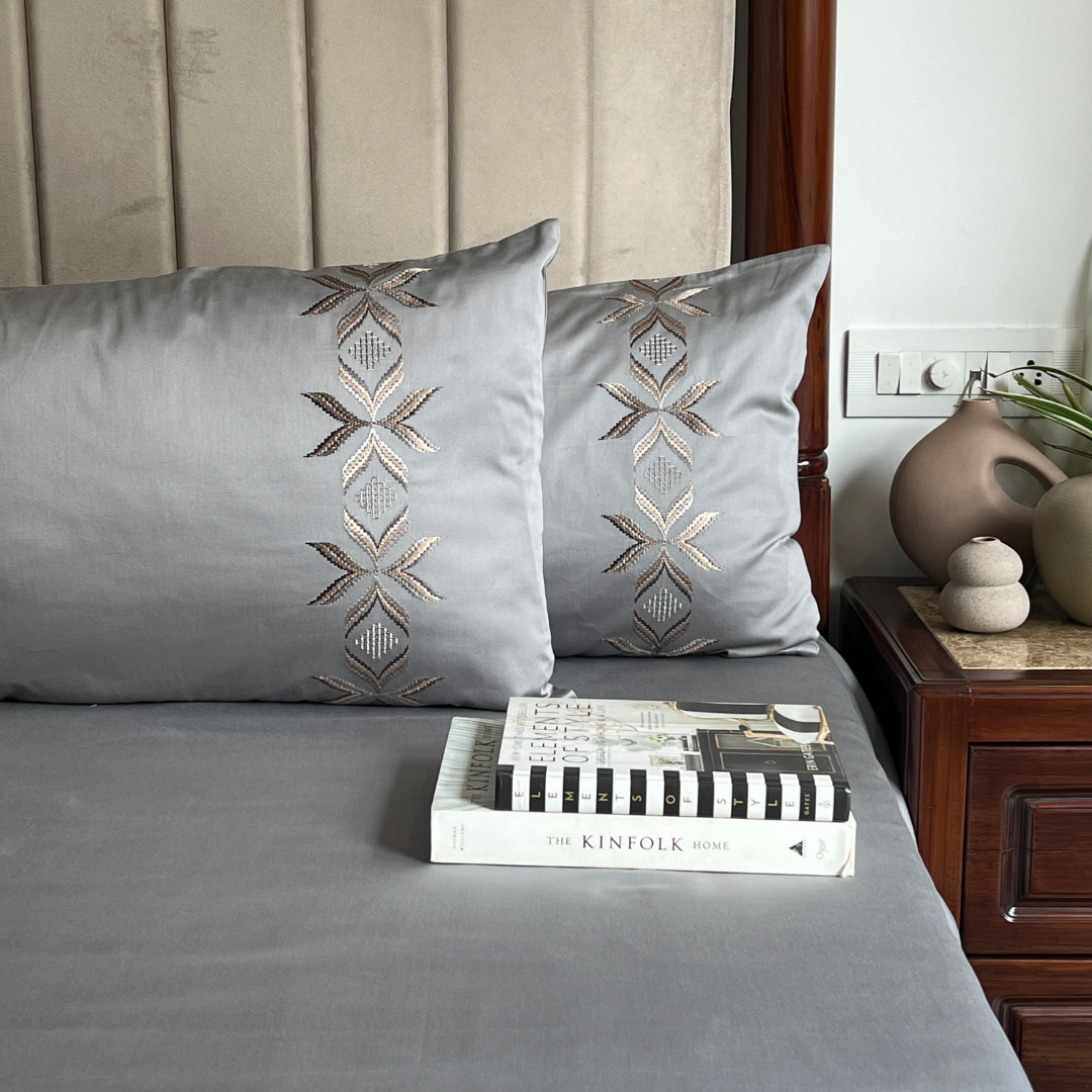 Nadine Slate 300TC Cotton Bed Sheet with 2 Embroidered Pillow Covers