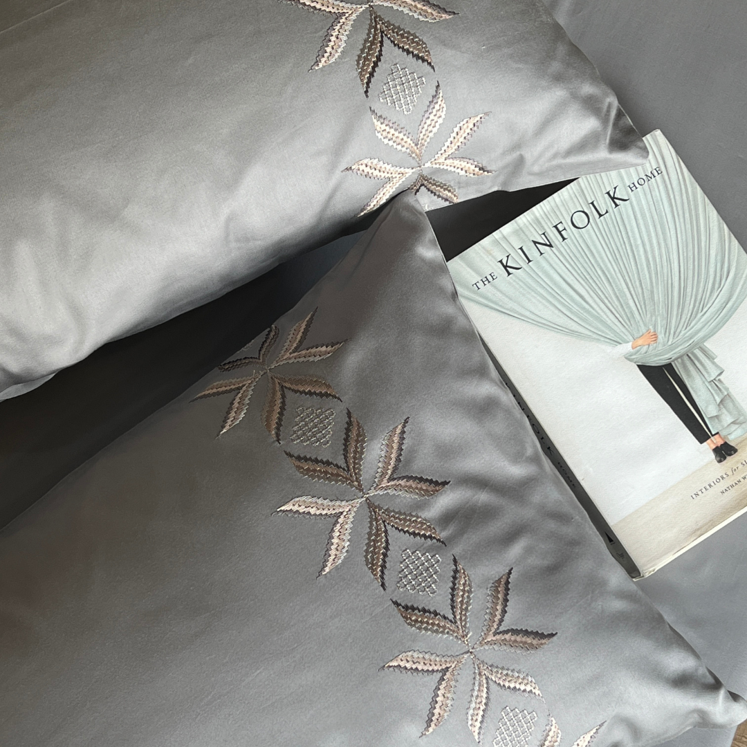 Nadine Slate 300TC Cotton Bed Sheet with 2 Embroidered Pillow Covers