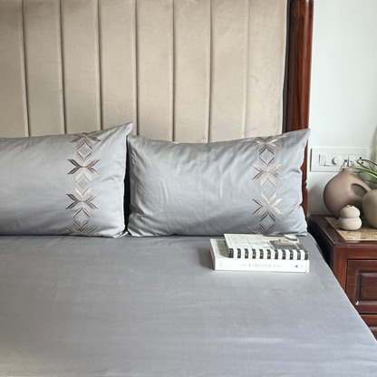 Nadine Slate 300TC Cotton Bed Sheet with 2 Embroidered Pillow Covers