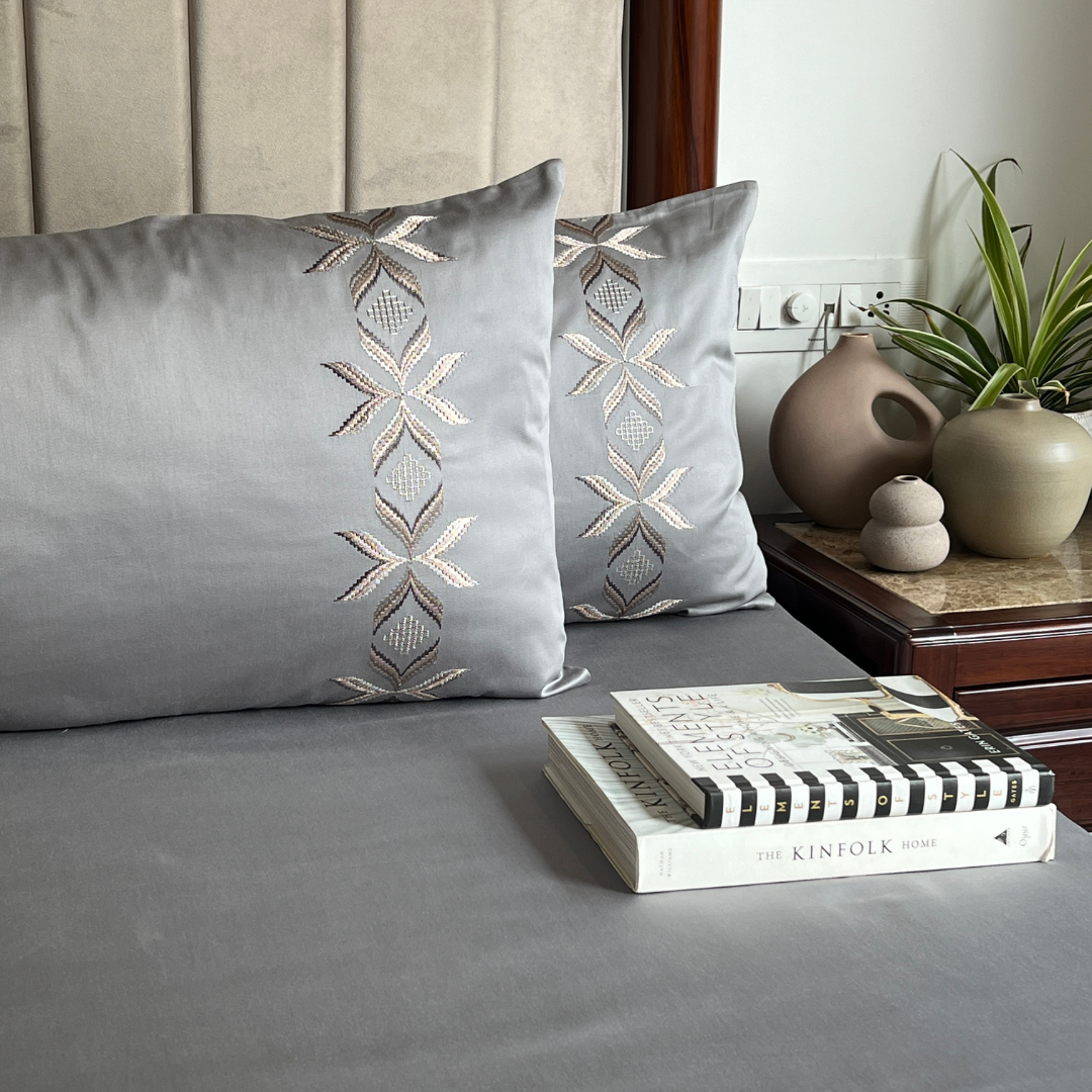 Nadine Slate 300TC Cotton Bed Sheet with 2 Embroidered Pillow Covers