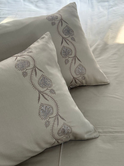 Nora Beige 300TC Cotton Bed Sheet with 2 Embroidered Pillow Covers
