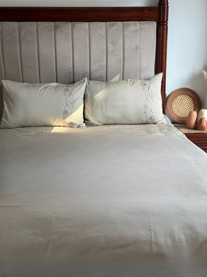 Nora Beige 300TC Cotton Bed Sheet with 2 Embroidered Pillow Covers