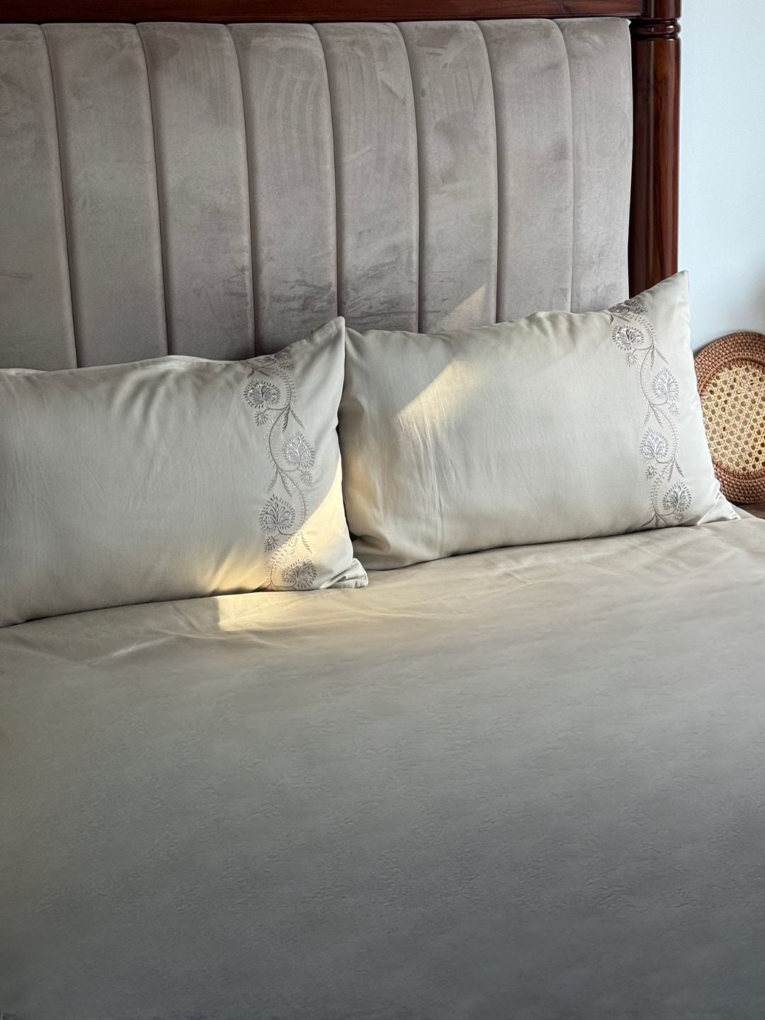 Nora Beige 300TC Cotton Bed Sheet with 2 Embroidered Pillow Covers