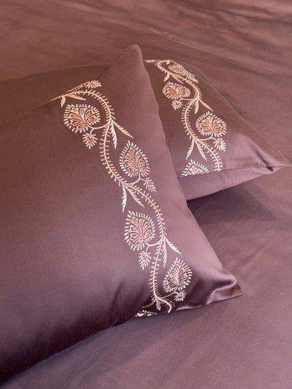 Nora Coffee 300TC Cotton Bed Sheet with 2 Embroidered Pillow Covers