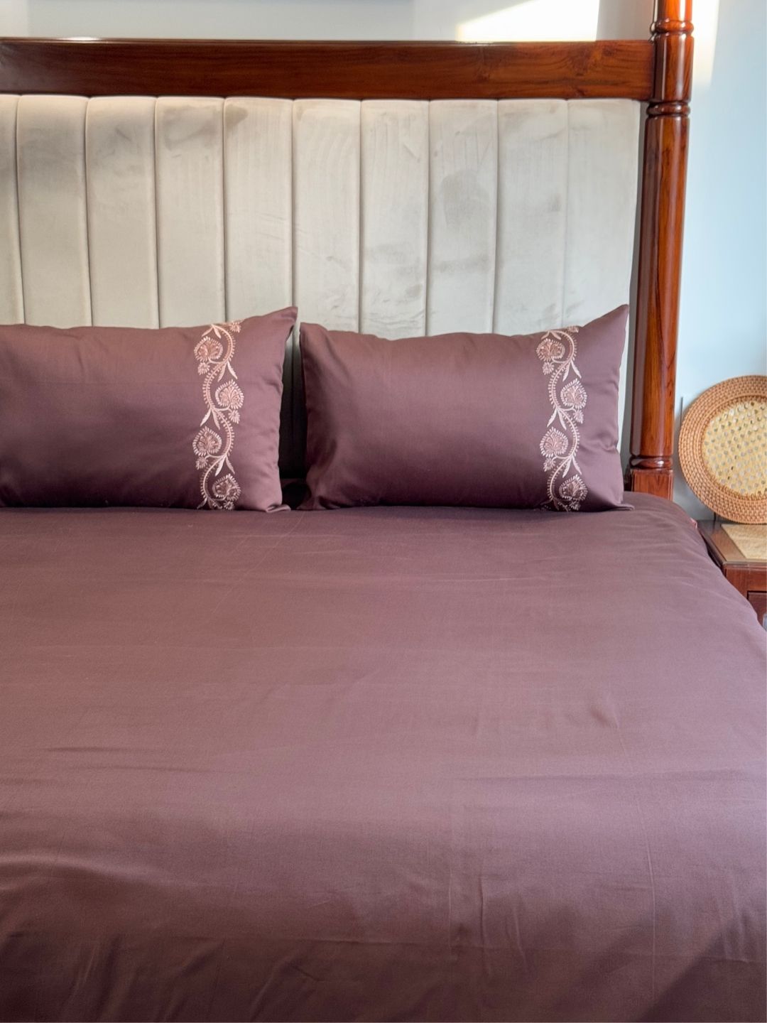 Nora Coffee 300TC Cotton Bed Sheet with 2 Embroidered Pillow Covers