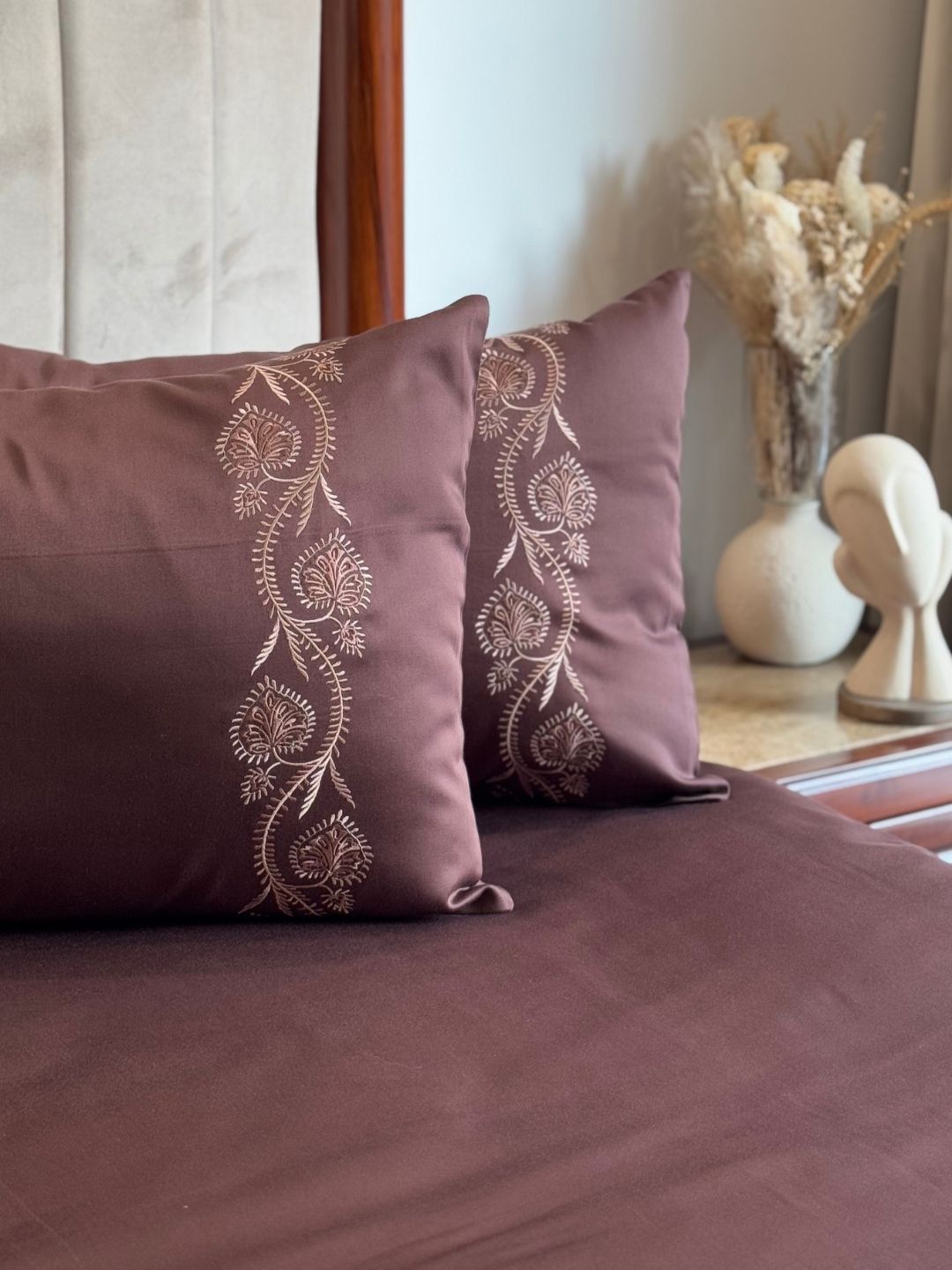 Nora Coffee 300TC Cotton Bed Sheet with 2 Embroidered Pillow Covers