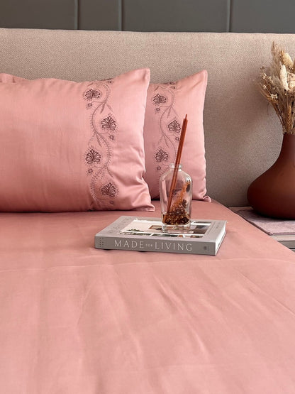 Iris Rose 300TC Cotton Bed Sheet with 2 Embroidered Pillow Covers