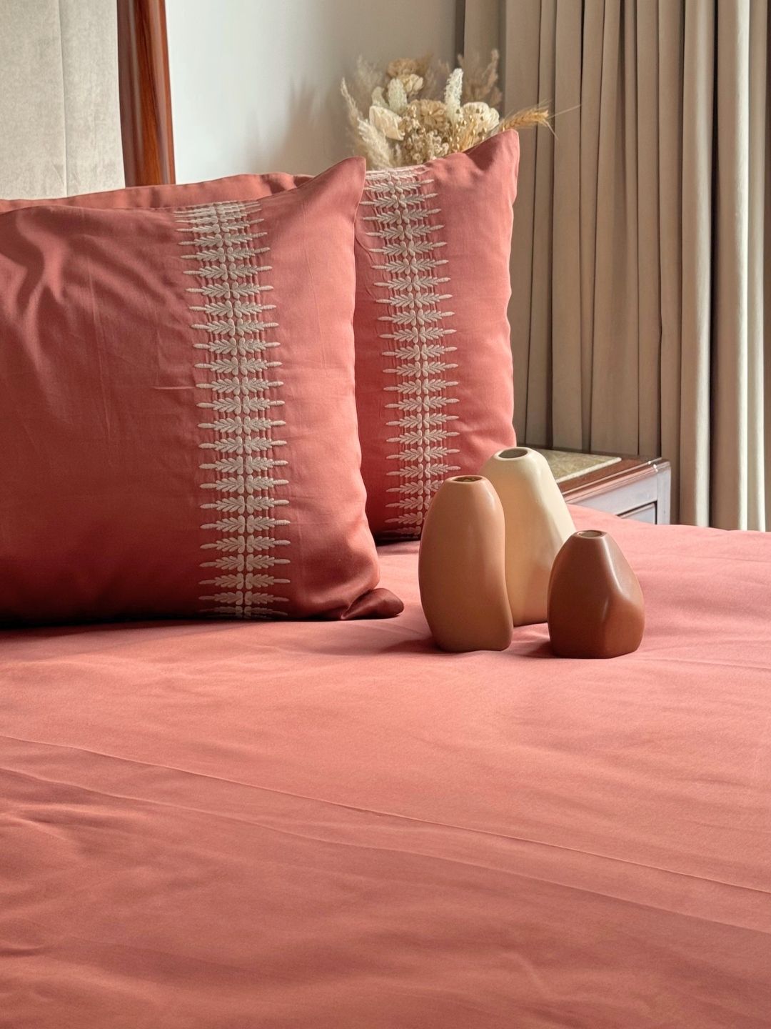 Stella Terracotta 300TC Cotton Bed Sheet with 2 Embroidered Pillow Covers