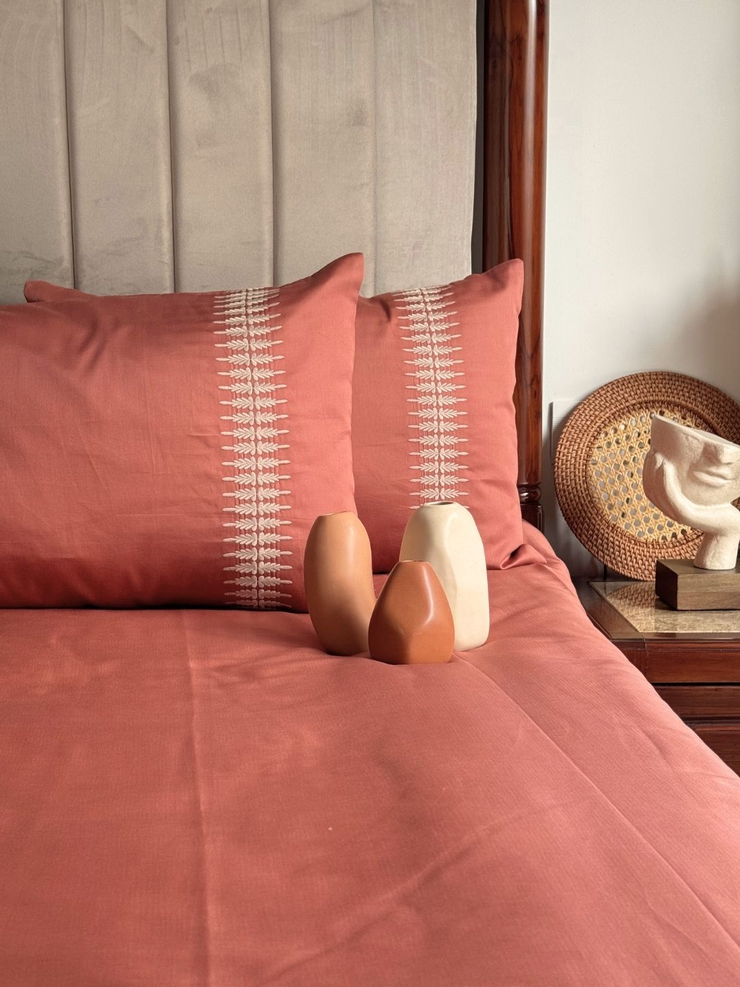 Stella Terracotta 300TC Cotton Bed Sheet with 2 Embroidered Pillow Covers