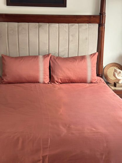 Stella Terracotta 300TC Cotton Bed Sheet with 2 Embroidered Pillow Covers