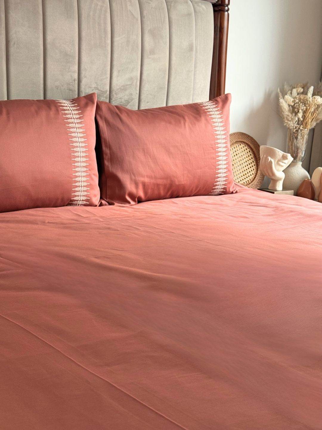 Stella Terracotta 300TC Cotton Bed Sheet with 2 Embroidered Pillow Covers