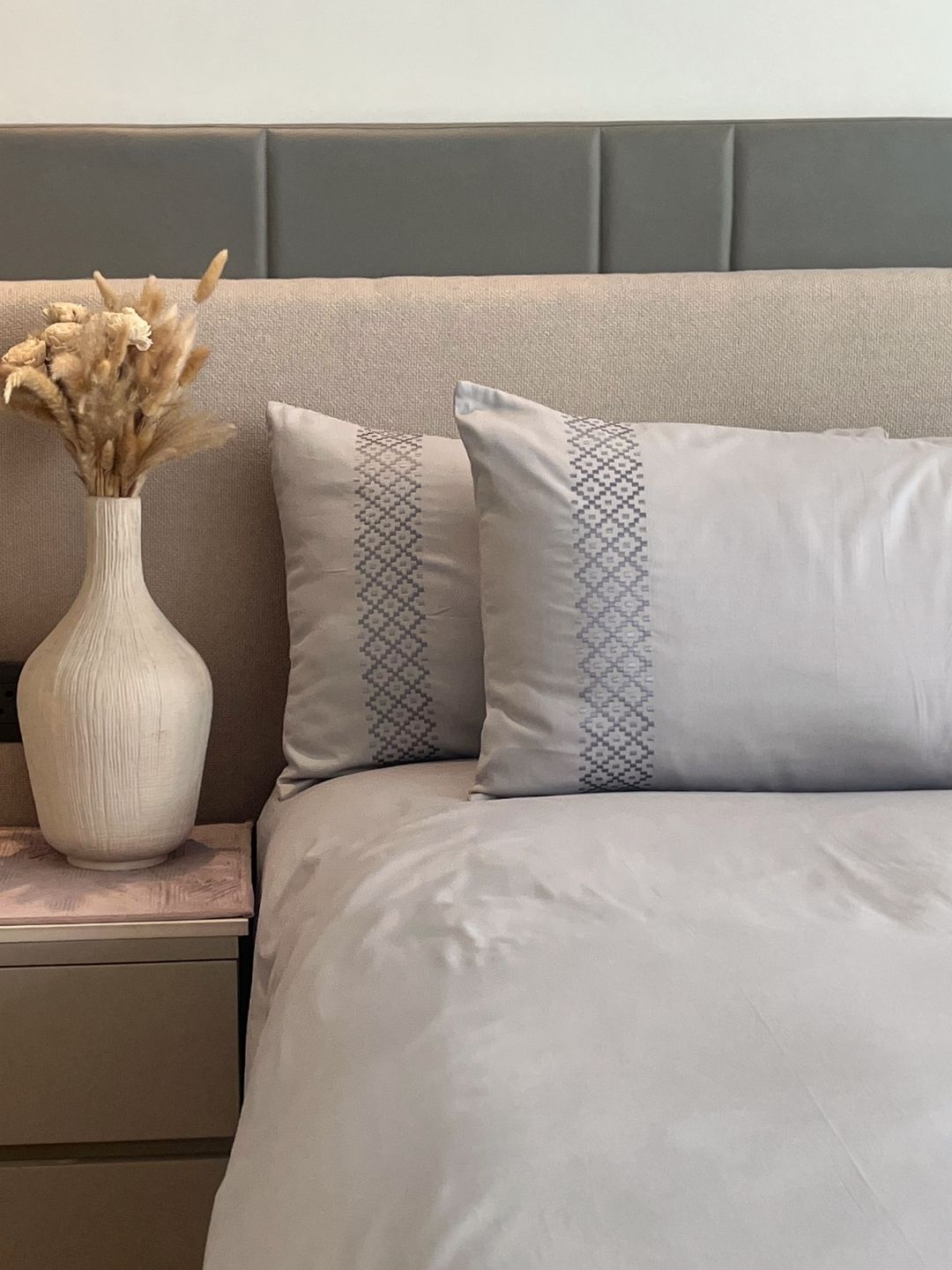 Tessa Pearl Grey 300TC Cotton Bed Sheet with 2 Embroidered Pillow Covers