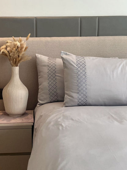 Tessa Pearl Grey 300TC Cotton Bed Sheet with 2 Embroidered Pillow Covers