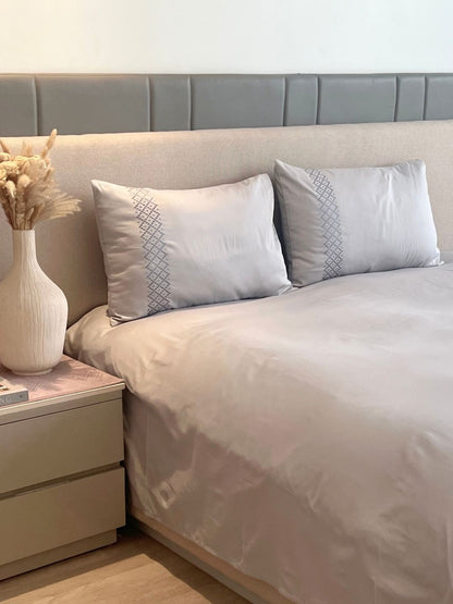 Tessa Pearl Grey 300TC Cotton Bed Sheet with 2 Embroidered Pillow Covers