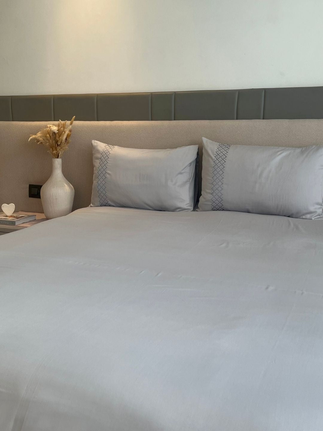 Tessa Pearl Grey 300TC Cotton Bed Sheet with 2 Embroidered Pillow Covers