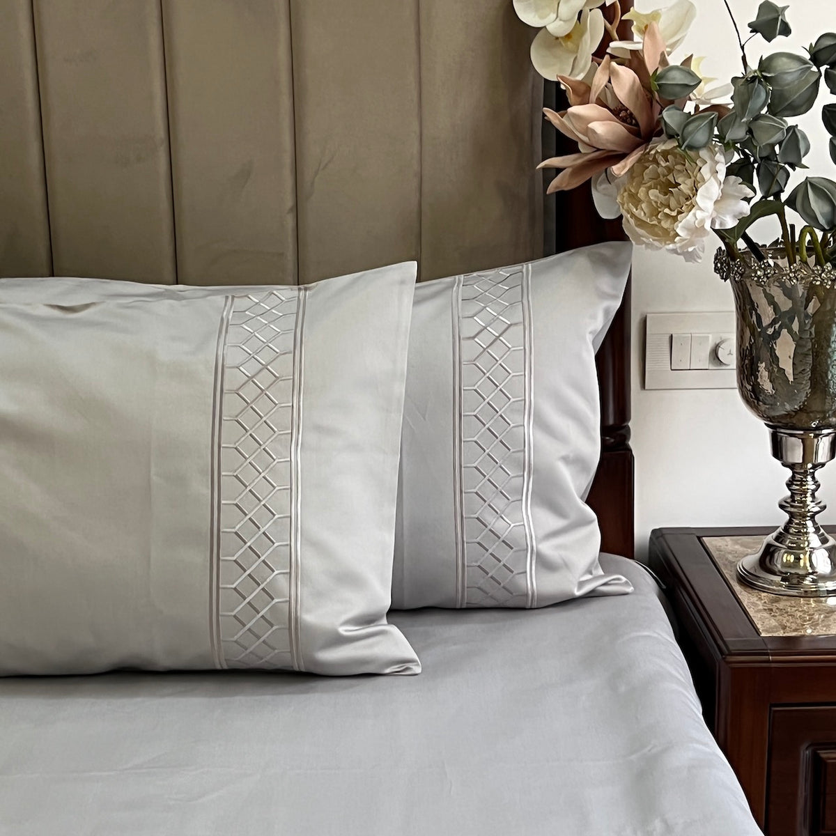 Zig Zag Silver Embroidered Bedsheet