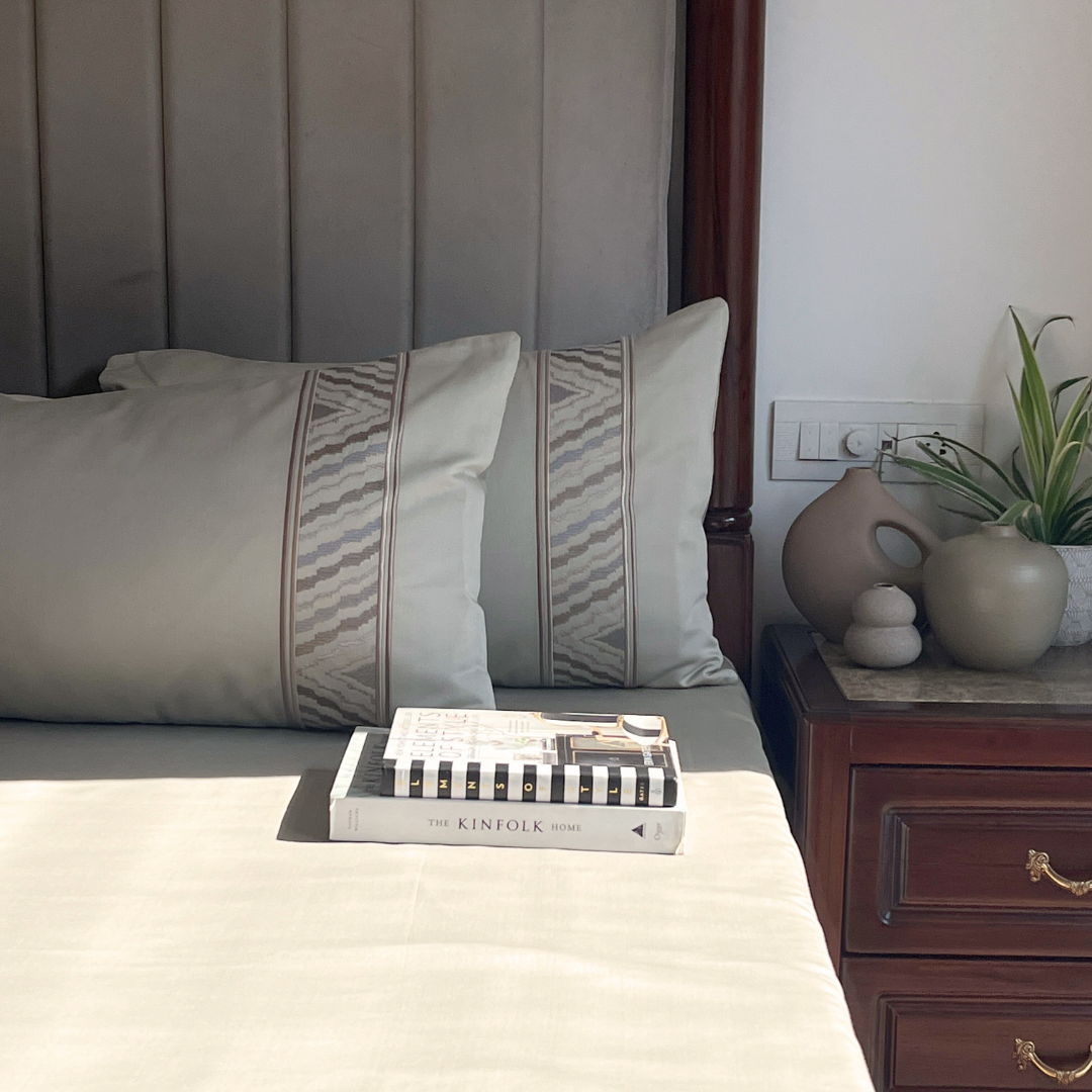 Zurich Beige 300TC Cotton Bed Sheet with 2 Embroidered Pillow Covers