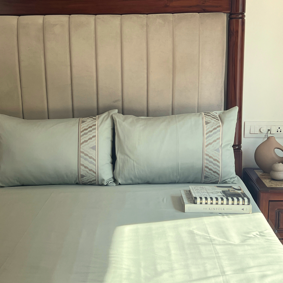 Zurich Sage Green 300TC Cotton Bed Sheet with 2 Embroidered Pillow Covers